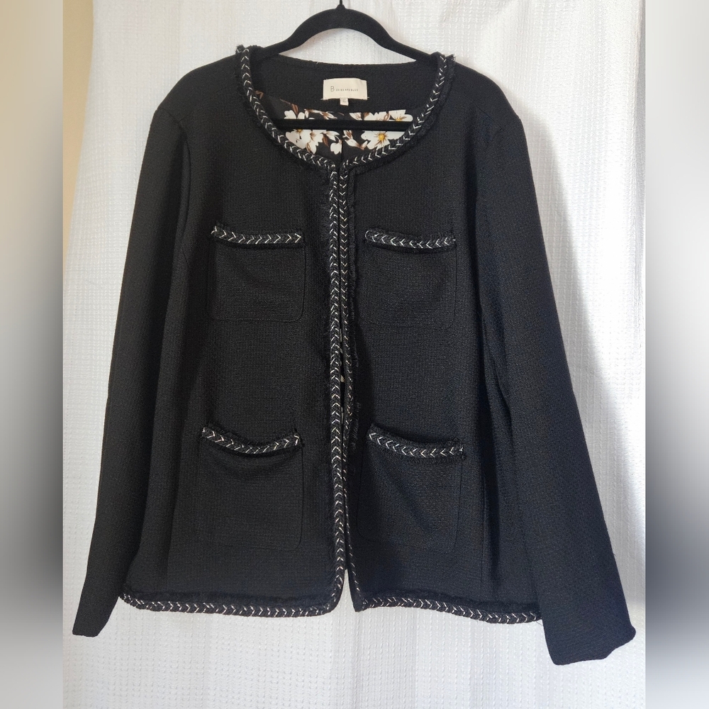 Black Women's Blazer Jacket with Silver Details Freyed Hems Size 3X